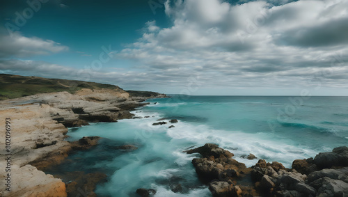 Cloudy Beachscape with Turquoise Waves and Rocky Hills © Cyan