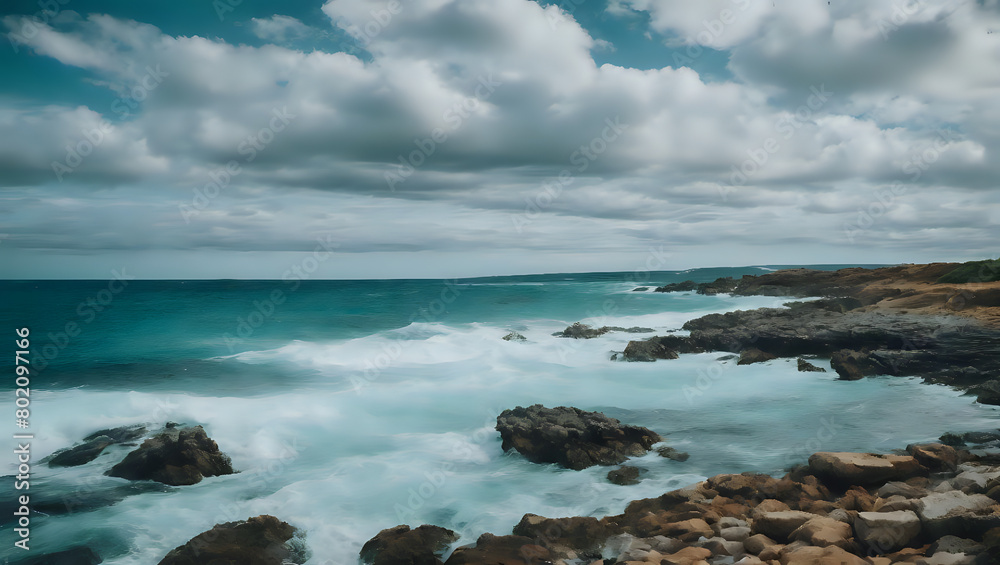 Cloudy Beachscape with Turquoise Waves and Rocky Hills