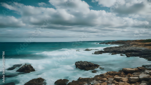 Cloudy Beachscape with Turquoise Waves and Rocky Hills © Cyan