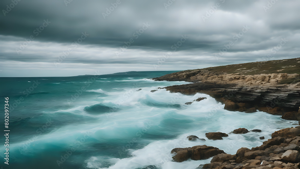Cloudy Beachscape with Turquoise Waves and Rocky Hills