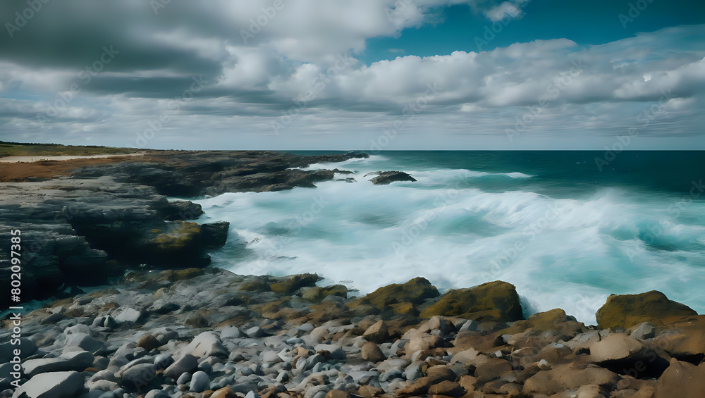 Cloudy Beachscape with Turquoise Waves and Rocky Hills