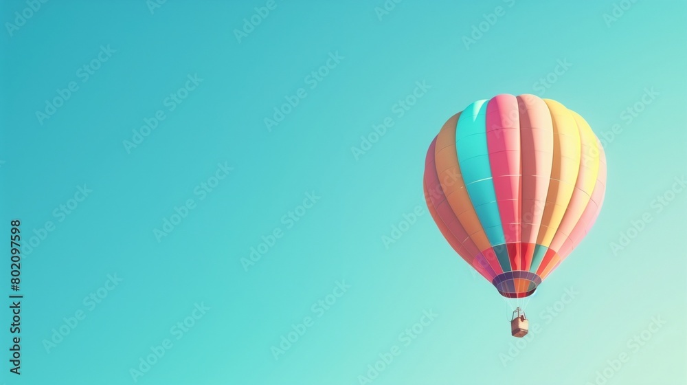 A colorful hot air balloon drifting lazily across a clear blue sky, offering panoramic views below.