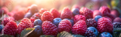 Panoramic horizontal composition captures fresh organic seasonal berries basking in the gentle morning light, ideal for advertisements promoting healthy, natural, and vegetarian dietary choices photo
