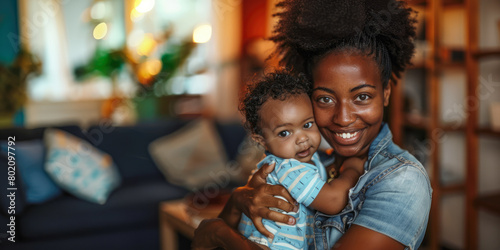 banner Loving black american young mom holds her baby, symbolizing child care and a close-knit family bond. Health care and happy family concept, empty space in home decoration shot.