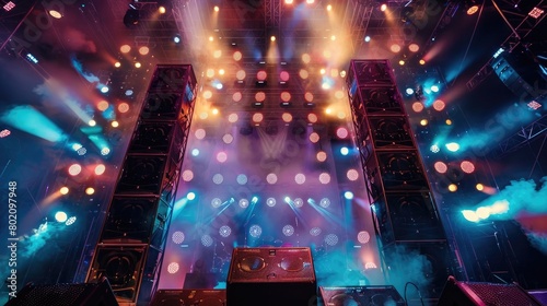 A picturesque view of a music festival stage, its towering speakers and vibrant lighting creating an immersive atmosphere on Global Beatles Day.