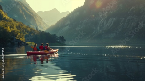 Kayaking together on a serene mountain lake. © Eric