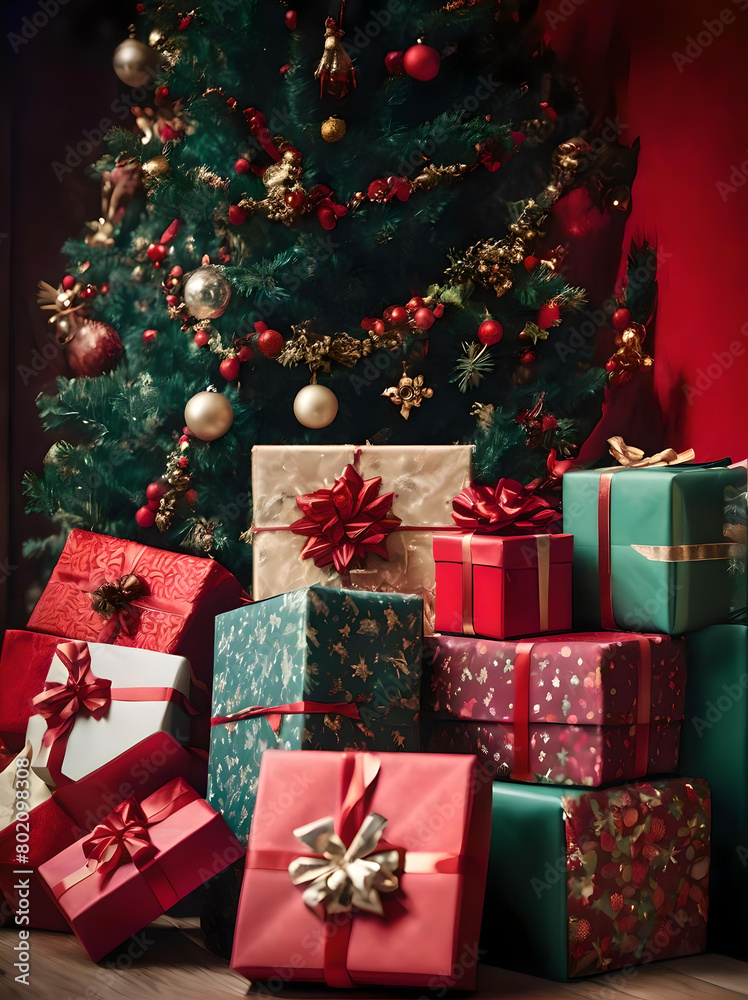 Christmas presents lined up against a red velvet wall surrounded by decorations with copy space Christmas presents lined up against a red velvet wall surrounded by decorations with copy space