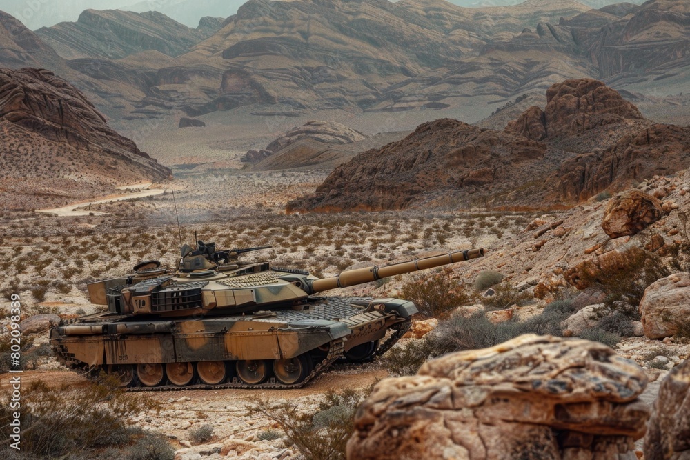 Obraz premium M1 Abrams tank camouflaged amongst desert rock formations, almost blending with the harsh environment