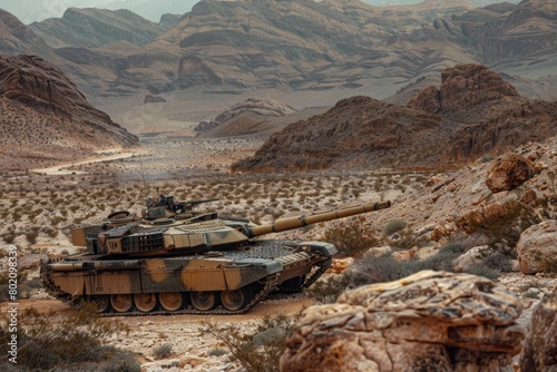 M1 Abrams tank camouflaged amongst desert rock formations, almost blending with the harsh environment photo