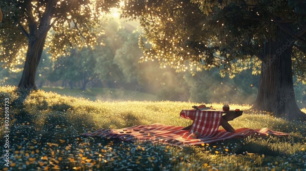A picturesque view of a picnic-friendly setting, such as a shaded grove ...