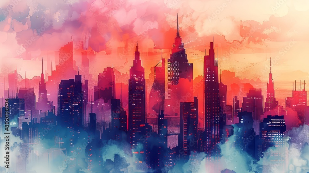 A cyber watercolor painting captures the uncanny silhouette of a futuristic cityscape, Clipart isolated on white background strange style hitech ultrafashionable