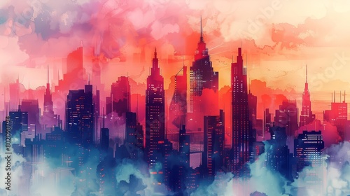 A cyber watercolor painting captures the uncanny silhouette of a futuristic cityscape  Clipart isolated on white background strange style hitech ultrafashionable