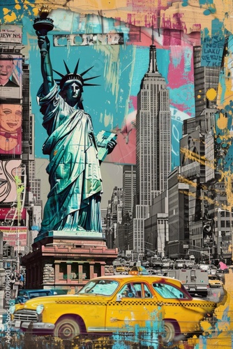 Pop art collage of iconic New York City landmarks: the Statue of Liberty, Empire State Building, yellow taxi