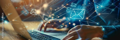 A digital marketer crafts an engaging email campaign, segmenting audiences to increase personalization and conversion rates, hitech cyber look Sharpen close up with copy space photo