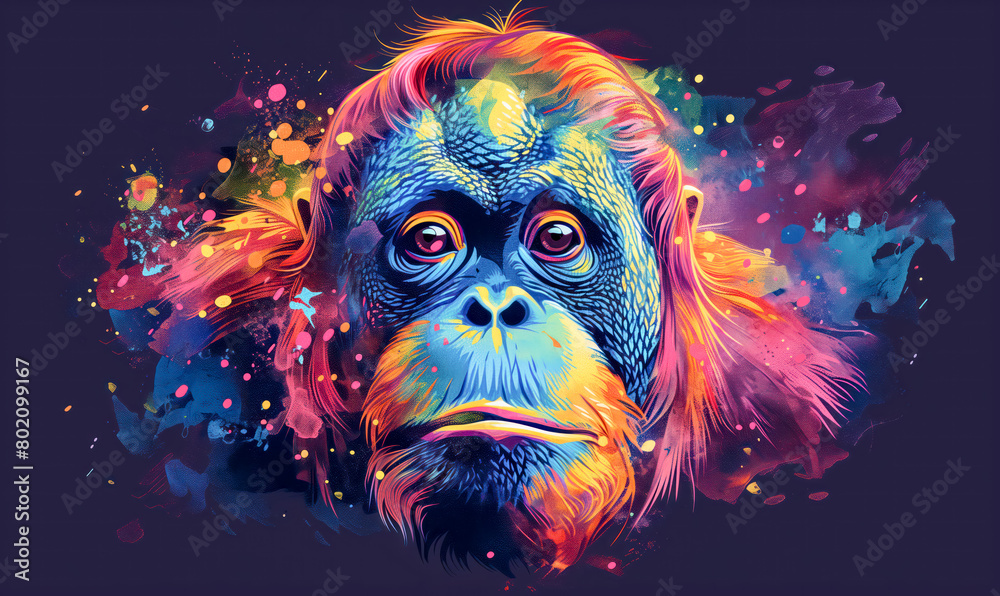 abstract illustration of an orangutan in childish style, logo for t-shirt print