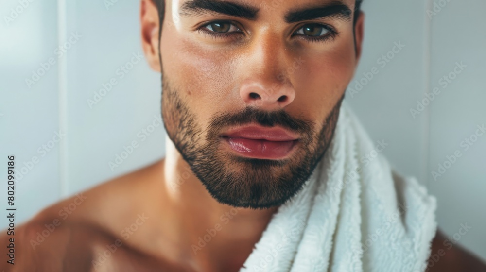 Fototapeta premium A man with striking features and a beard gazes into the camera, lightly holding a white towel around his neck.