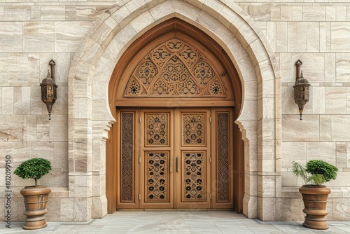 Elegant ramadan kareem interior decor with lanterns, arches, doors, and lush green plants