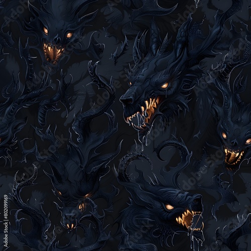 tile Evanescent Feral Beasts in a Repeating Monstrous Motif A Dark Mythological Realms Atmospheric Digital photo