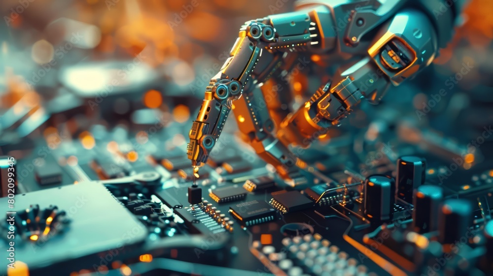 A robotic arm deftly manipulates microscopic circuit components, showcasing precision in modern manufacturing, Sharpen close up hitech concept with blur background A robotic arm deftly manipulates microscopic circuit components, showcasing precision in modern manufacturing, Sharpen close up hitech concept with blur background