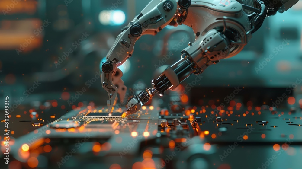 A robotic arm deftly manipulates microscopic circuit components, showcasing precision in modern manufacturing, Sharpen close up hitech concept with blur background