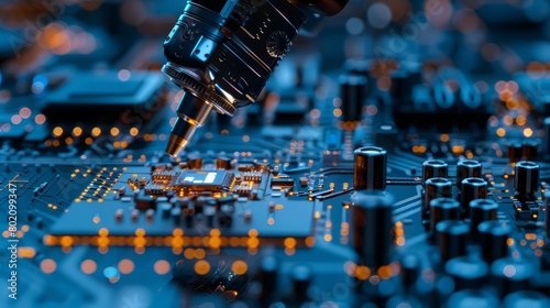 A robotic arm deftly manipulates microscopic circuit components, showcasing precision in modern manufacturing, Sharpen close up hitech concept with blur background
