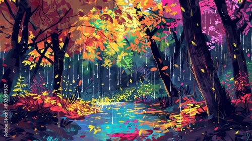 Realistic pop art scene of a forest clearing after a rainstorm, glistening leaves, vibrant colors, stylized raindrops © ktianngoen0128