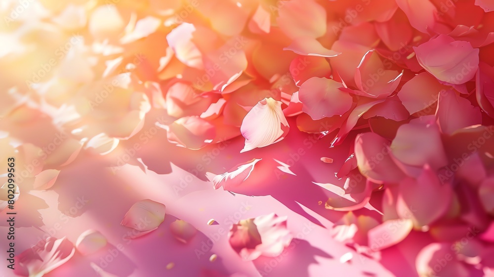 Fallen Rainbow Shower petals, bright pink background, romantic themes magazine cover, sunny daylight, overhead view
