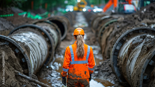 Female construction worker overseeing sewer pipeline installation on urban road. photo