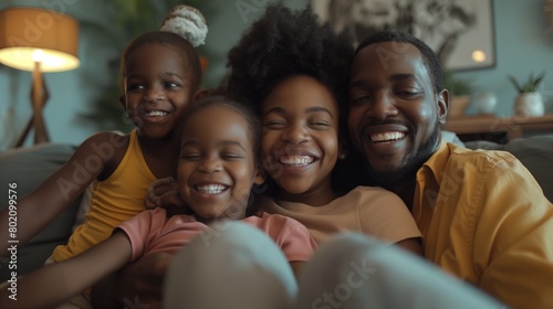 A family laughing together during a movie night at home. photo