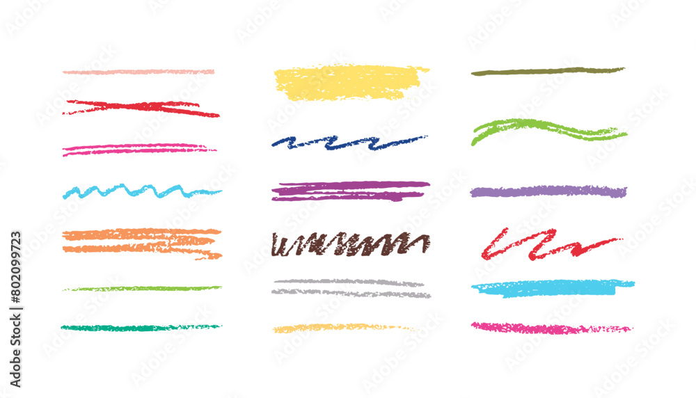 Crayon brush strokes multicolored underline set. Hand drawn highlighting pencil texture design elements. Crayon brush strokes multicolored underline set. Hand drawn highlighting pencil texture design elements.