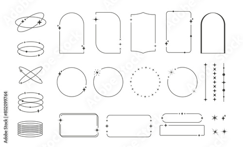 Modern minimalist aesthetic line elements. Trendy arch frames with stars and geometric Y2K shapes.