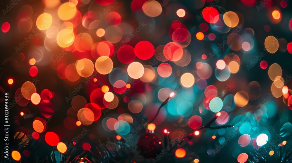 Vivid holiday lights in a soft bokeh effect, creating a colorful and festive background.