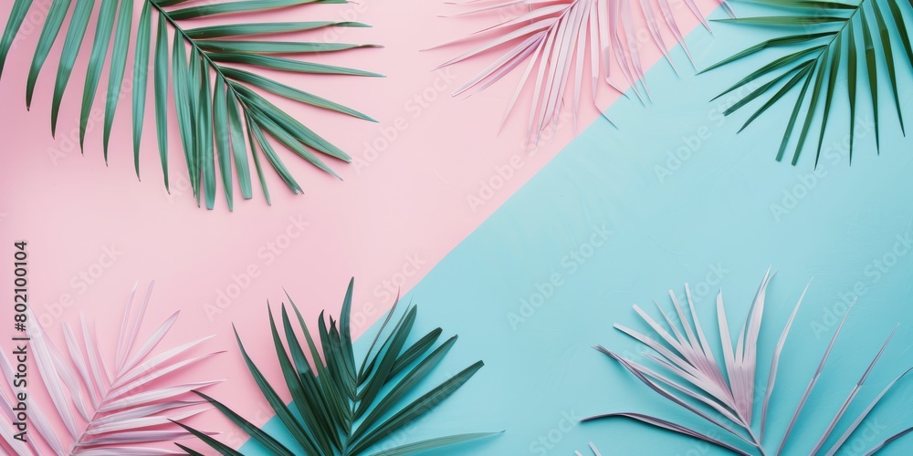 Tropical Summer Concept with Palm Leaves on Pastel Background Generative AI