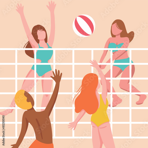 Happy cartoon people playing beach volleyball on sand in summer. Players in swimsuits throwing ball through net. Summer Activities. illustration of beach volley isolated on white background