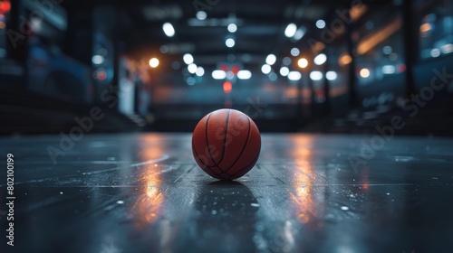 Close-up of a basketball centered on an indoor court, under dramatic overhead lighting. © red_orange_stock