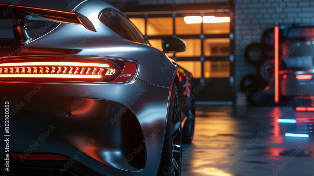 Luxury Car Elegance: Glowing Tail Lights in the Shadows. Generative AI
