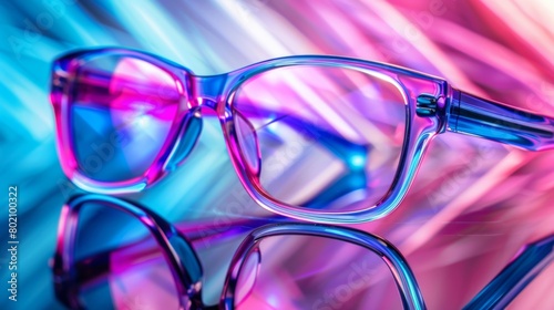 Fashionable eyeglasses with a reflective surface on a dynamic blue and pink striped background.