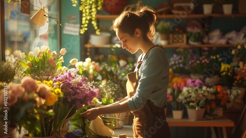 A florist arranging a colorful bouquet in a quaint flower shop. photo