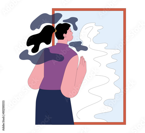 Fear of loosing identity. Terrified young woman looking to a mirror without