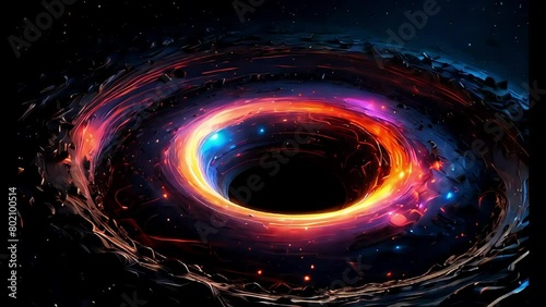 A black hole in space, mesmerizingly, swirls like a whirlwind, sparkling with colored lights, creating a mystical frightening picture. photo