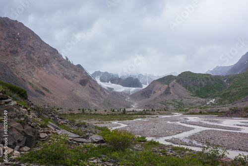 Mountain river flows from big glacier among large rocky snowy mountains in low clouds into green alpine valley with lush flora under rainy gray cloudy sky. River floods between small stony islands.
