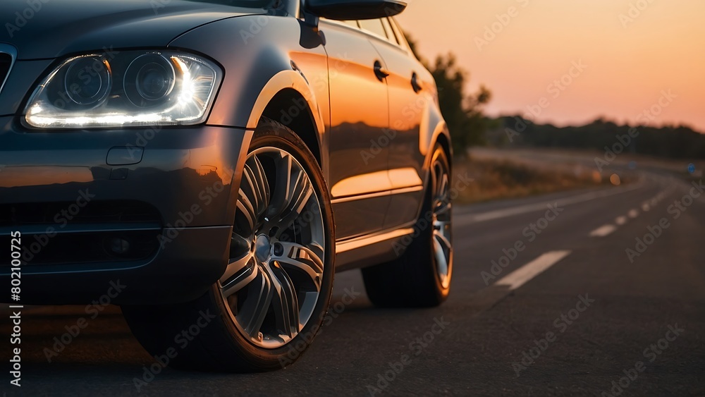 Close-up of the headlights of a car on the road at sunset