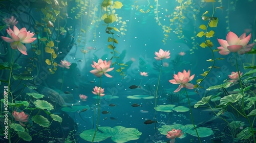 Banner background features an underwater floral fantasy with floating lotus and trailing ivy, Sharpen banner background concept 3D with copy space