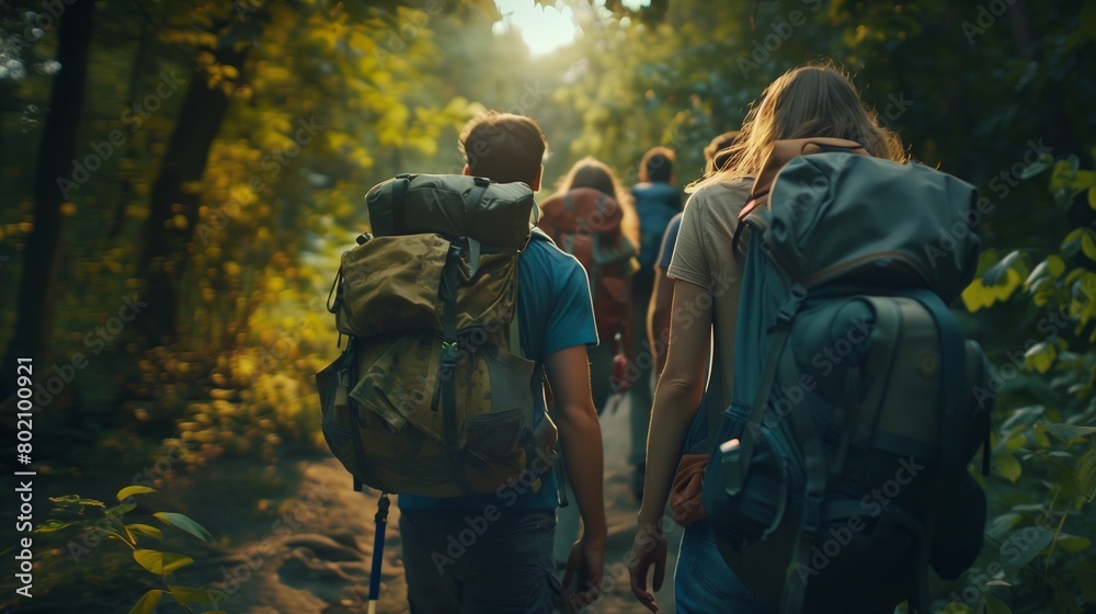 A group of friends embarking on a hiking trail, backpacks filled with adventure.