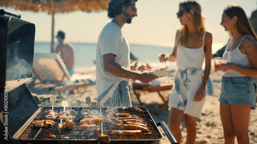 A group of friends enjoying a beach barbecue, with the aroma of grilled seafood wafting through the air. photo