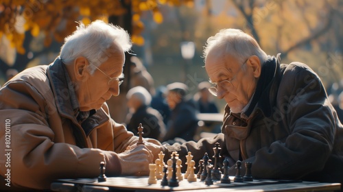 A group of elderly friends playing chess in a sunny park. photo