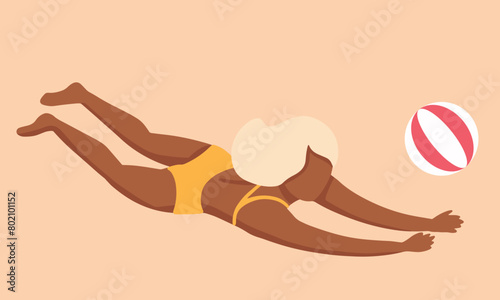 Beach footvolley with ball. Girl throws catch over net and guy kicks it. Active rest on seaside. Fun summer game competition. Vacationers on tropical beach flat illustration isolated