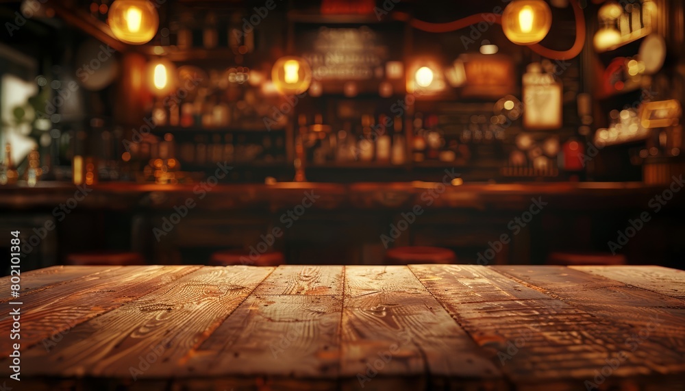 Empty wide table overlaid on a blurred background of a vintage pub interior invites nostalgic evenings, Sharpen 3d rendering background