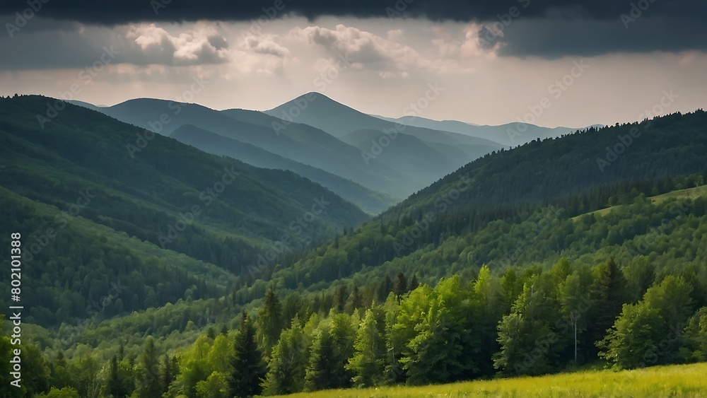 Summer mountain tranquil landscape with forest and cloudy sky. 