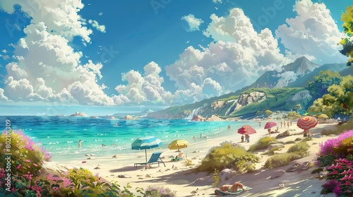 beach and mountain tropical island with palm trees ilustration color painting cartoon